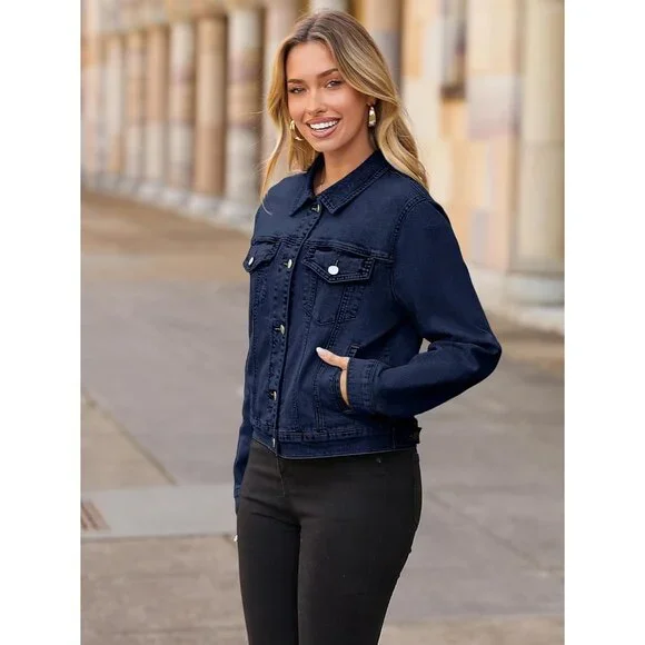 Women's Jean Jacket Long Sleeve Denim Jacket Button Down with Pockets Navy Blue